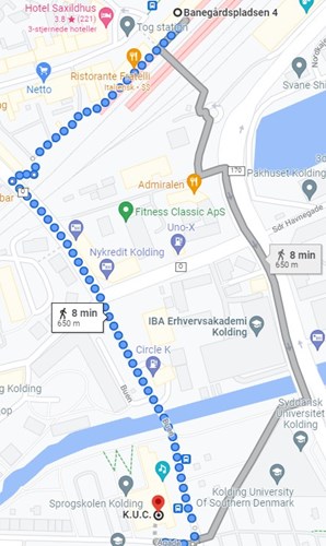 Billede af rute på 8. min. fra banegårdspladsen til KUC, Ågade 27, 6000 Kolding.